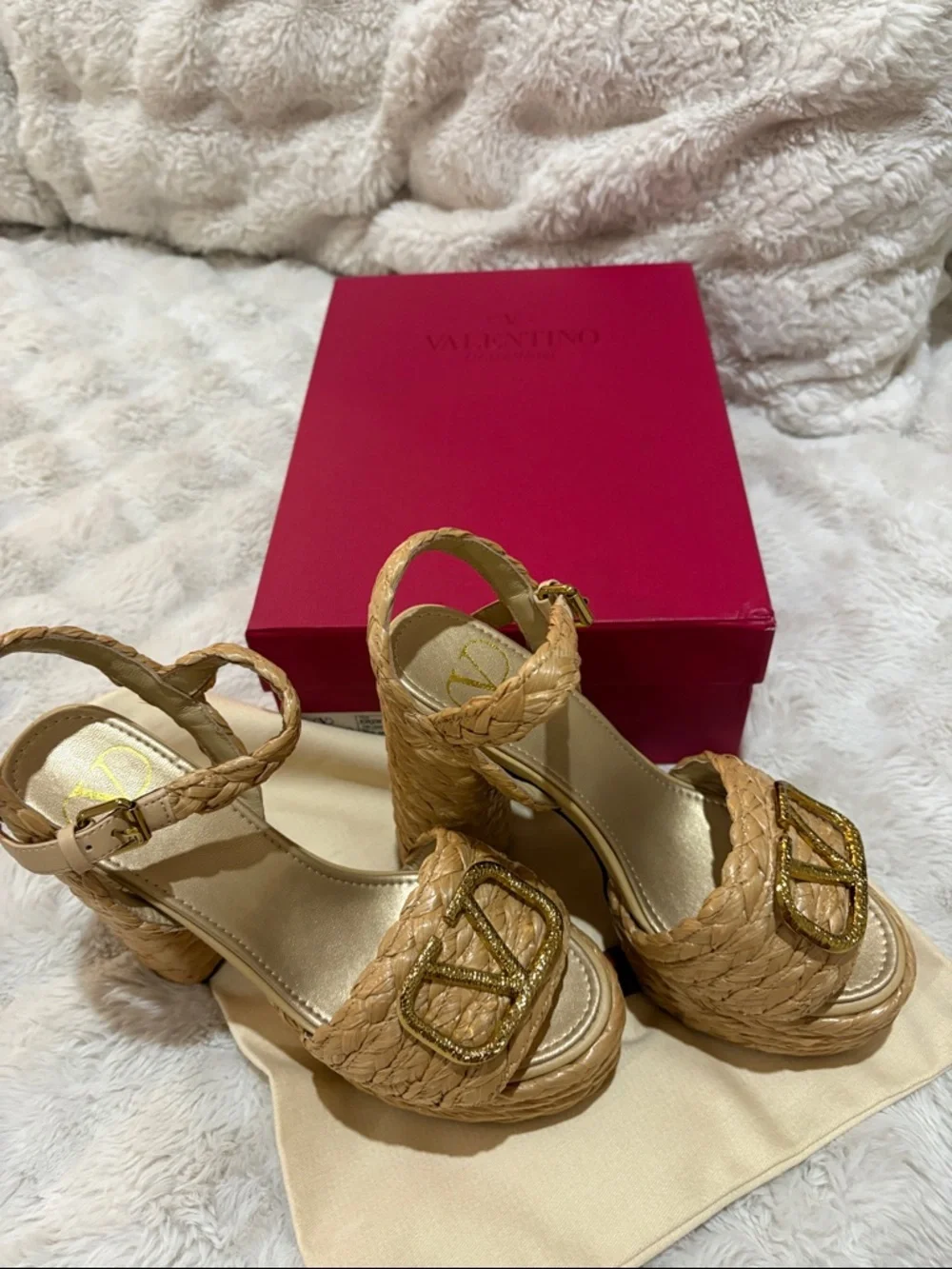 Valentino Garavani Tan raffia Braided Platform Sandals with Gold Buckle
